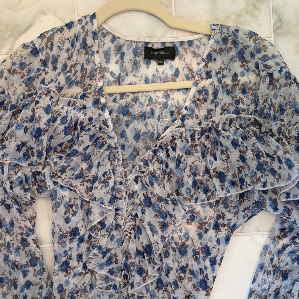 MAJORELLE Blue and White Floral Ruffle Blouse - Picture 7 of 9